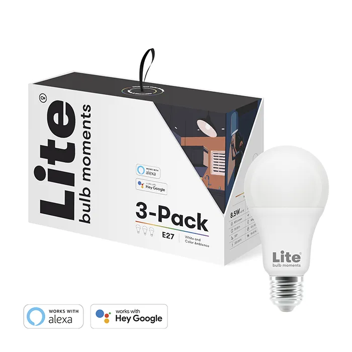 Förpackning med 3 RGB Lite-lampor E27 smarta lampor, enkelt justerbara med full färgskalaintegration för Google Home och Amazon Alexa.