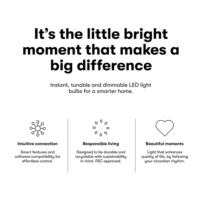 Paket med 3 Lite Bulb Moments smarta E27-lampor med full RGB-färgskala, energieffektiv design och integration med Google Home och Amazon Alexa.