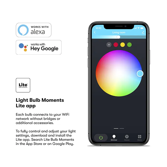 Förpackning med 3 Lite Bulb Moments smarta E27-lampor med RGB-färgskala, kompatibilitet med Google Home och Alexa samt energieffektivitet.