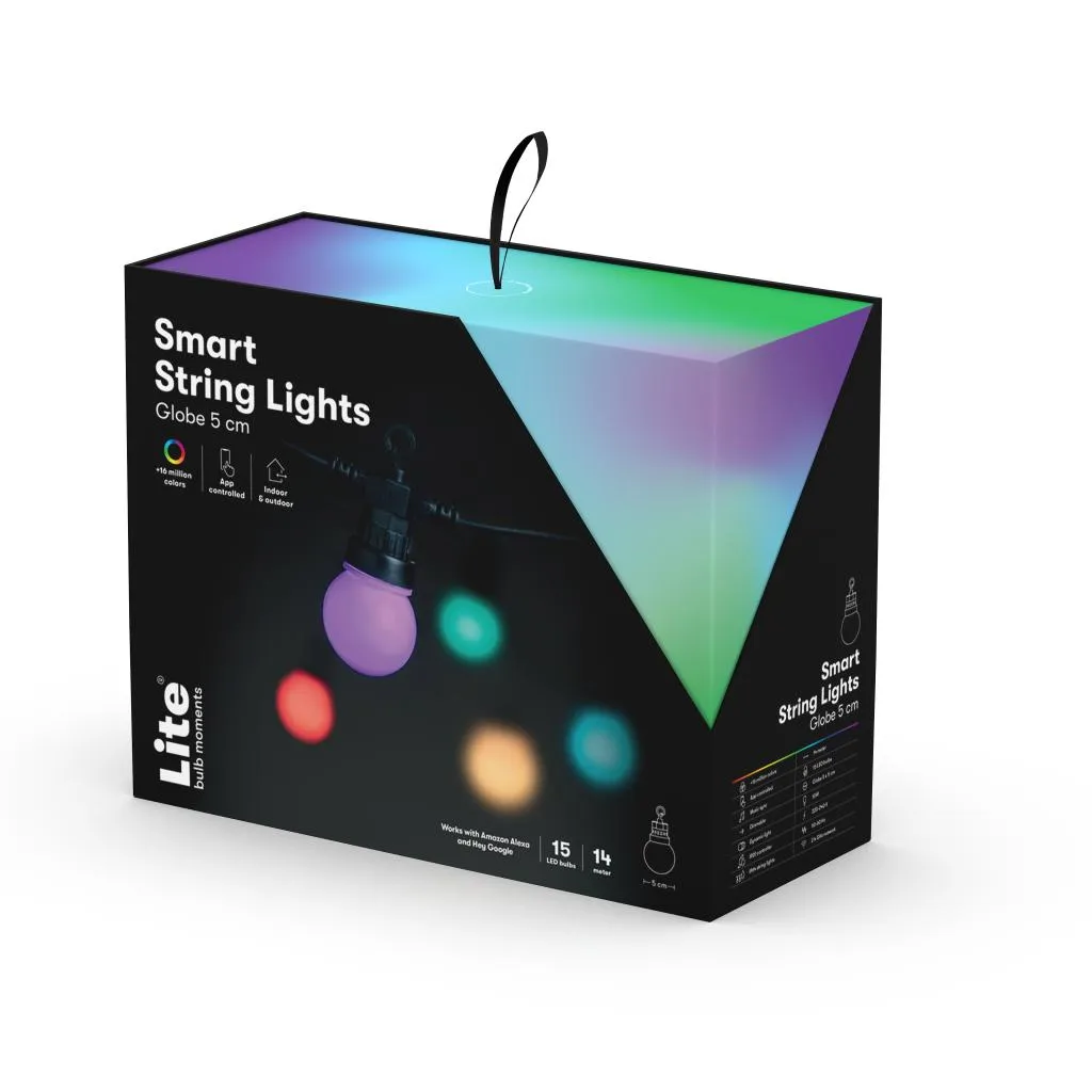 Smart ljuskedja från Lite Bulb Moments med 64 miljoner färgkombinationer, Google & Alexa-kompatibilitet, IP65 vattentät funktion.