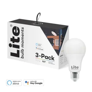 Lite Bulb Moments E27 förpackning för smart lampa med vit lampa, visar vitt och färgat stämningsljus och kompatibilitet med Alexa/Hey Google
