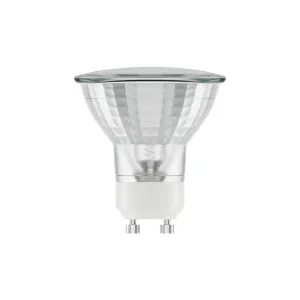 Lite Bulb Moments išmanioji GU10 LED lemputė su skaidriu gaubtu, sidabriniu reflektoriumi ir dviejų kontaktų cokoliu baltame fone