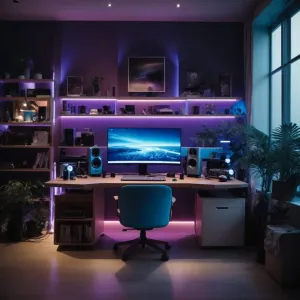 Lite Bulb Moments RGB-LED-listbelysning runt en skrivbordsmiljö på ett hemmakontor med lila och blått sken