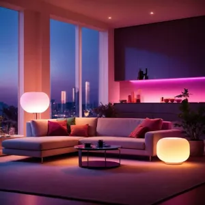 Lite Bulb Moments RGB-LED-list som lyser upp ett modernt vardagsrum med ett rosa-lila stämningssken