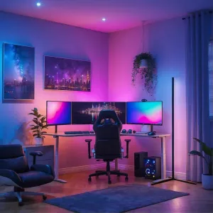 Lite Bulb Moments smarta hörnlampa står i ett hörn och sprider färgstarkt stämningsljus på ett modernt hemmakontor.