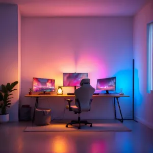 Lite Bulb Moments smarta hörnlampa som skapar flerfärgad stämningsbelysning på en arbetsplats på hemmakontoret