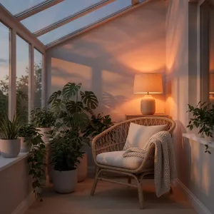 En varmt opplyst bordlampe viser stemningen fra en smart E14-pære fra Lite Bulb Moments i en koselig sittegruppe.
