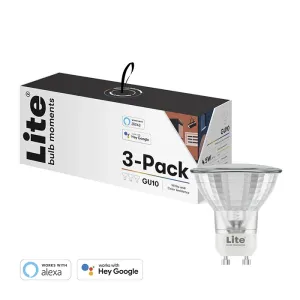 Lite Bulb Moments GU10 viedo LED spuldžu 3 gabalu iepakojums ar attēlotu vienu spuldzi, balta un krāsu noskaņa, darbojas ar Alexa un Google