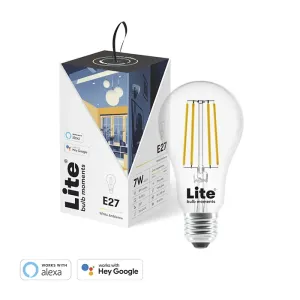 Lite Bulb Moments White Ambience E27-filamentlampa bredvid en märkesförpackning, med klart glas och synligt filament.