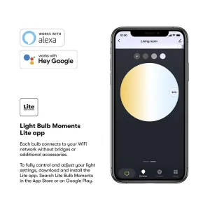 Infografik för smartlampsappen Lite Bulb Moments med kompatibilitet med Alexa och Google Home på en smartphoneskärm
