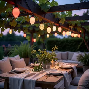 Lite Bulb Moments smart ljusslinga med glob- och konformade lampor hängande på en pergola ovanför ett matbord utomhus