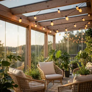 Lite Bulb Moments smart ljusslinga med glob- och konformade lampor som lyser i varmt amber över en glaspatio med rottingmöbler