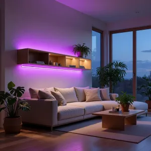 Lite Bulb Moments smart vattentät WiFi-LED-list som lyser lila-rosa under en hylla i vardagsrummet