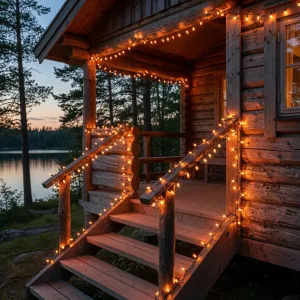 Lite Bulb Moments -älyvalosarja hehkuu lämpimän meripihkan sävyisenä mökin kuistilla ja portaikon kaiteissa ulkona