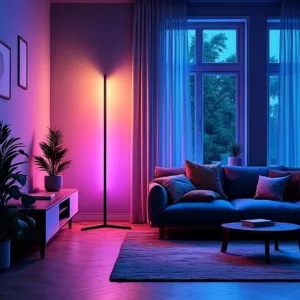 Lite Bulb Moments smart hörnlampa som sprider varmt och rosa stämningsljus i ett hörn av vardagsrummet