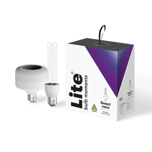 Lite Bulb Moments UV-C Smart Care-system: rund grå E27-bas och U-formad rörlampa bredvid vit/lila kartong med bärögla uppe.