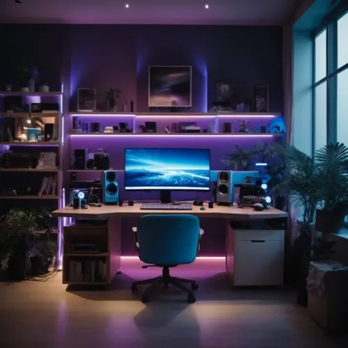 LED-strips lyser flerfarvet langs væghylder og under skriveborde, giver lilla-blå glød på hjemmekontoret med skærm og højttalere.