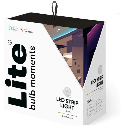Lite Bulb Moments LED-strip i hvid karton med sort bæreløkke, trekantet vindue og print: LED STRIP LIGHT 2 x 5 meter.