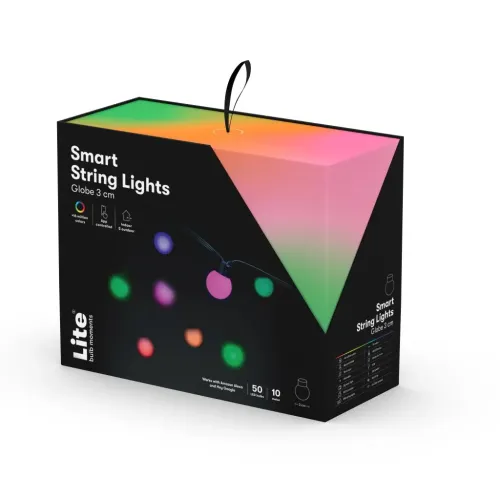 Emballage til Globe 3 cm smart lyskæde: sort karton med farvegraduering på toppen, bærestrop og farvede kugler.