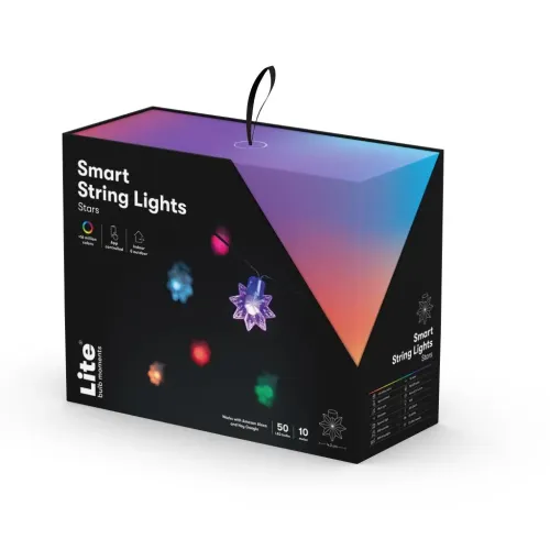 "Smart String Lights Stars" iš "Lite Bulb Moments" pakuotė su kilpa, gradiento dangteliu ir spalvotomis žvaigždutėmis.
