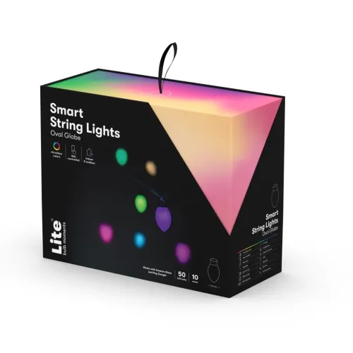 "Smart String Lights" ovalus gaublys Kartono pakuotė su spalviniu gradientu, nešiojimo dirželiu viršuje ir įvairiaspalvių lempučių paveikslėliu.