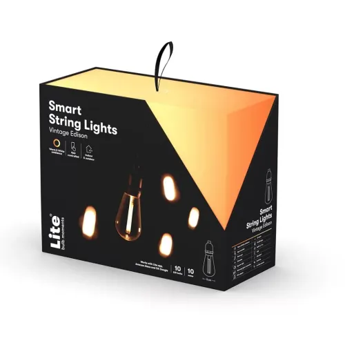 Lite Bulb Moments Vintage Edison Smart Ljuskedja på svart och orange kartong med glödande lampmotiv, bärögla och sidpanel.