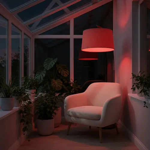 Lite Bulb Moments intelligent E14-pære, der kaster rødt stemningslys i en gulvlampe ved siden af en stol