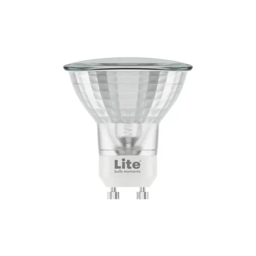 Lite Bulb Moments GU10 smart LED spotlight bulb with clear glass front and white base on a black background