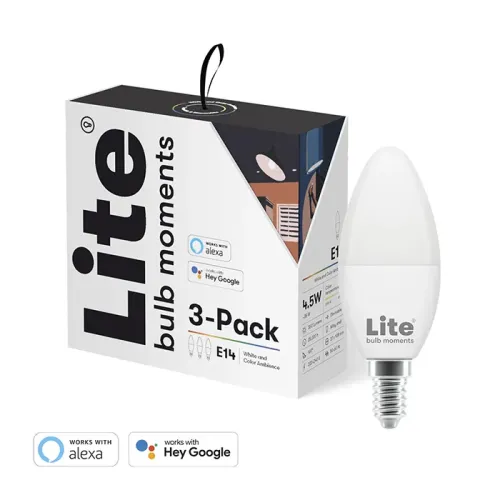 Förpackning för Lite bulb moments 3‑Pack visas snett med illustration och ikoner, bredvid en vit E14-lampa med skruvsockel.