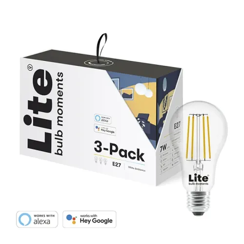 E27 filamentglödlampor 3‑pack i Lite‑förpackning; lampa med gula filament och E27‑sockel samt Alexa/Google‑logotyper.