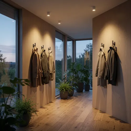 Lite Bulb Moments smart GU10 LED spotlight casting warm light in a wood-paneled hallway