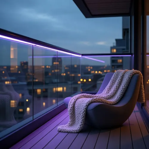 Lite Bulb Moments smarte, vanntette WiFi-LED-strips lyser opp et balkongrekkverk i lilla glød