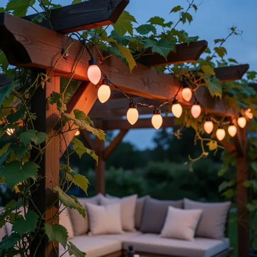 Lite Bulb Moments smart lysslynge med kjegleformede globepærer som lyser på en pergola utendørs