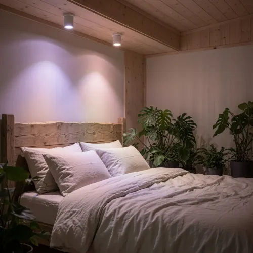 Lite Bulb Moments smart GU10 LED bulb shown as bedroom spotlights with RGB purple and warm white light