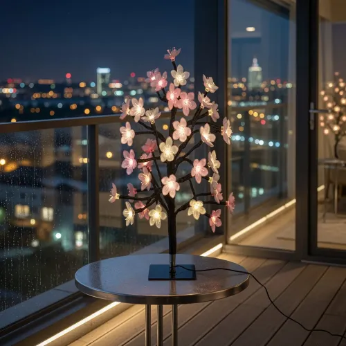 Lite Bulb Moments smart lampe formet som et kirsebærblomsttre med rosa og hvite blomster på en svart base