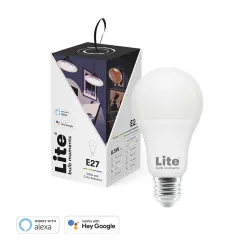 Smart RGB E27-pære fra Lite med appkontroll, stemmestyring, energibesparende design og helsefremmende lysfunksjoner.